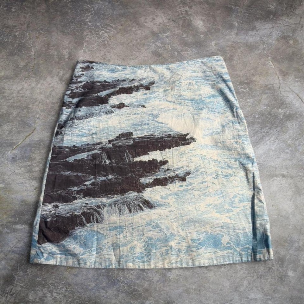 Ocean Wave Print Midi Skirt Bleu Coastal Beach Y2K Cottagecore Size US 4